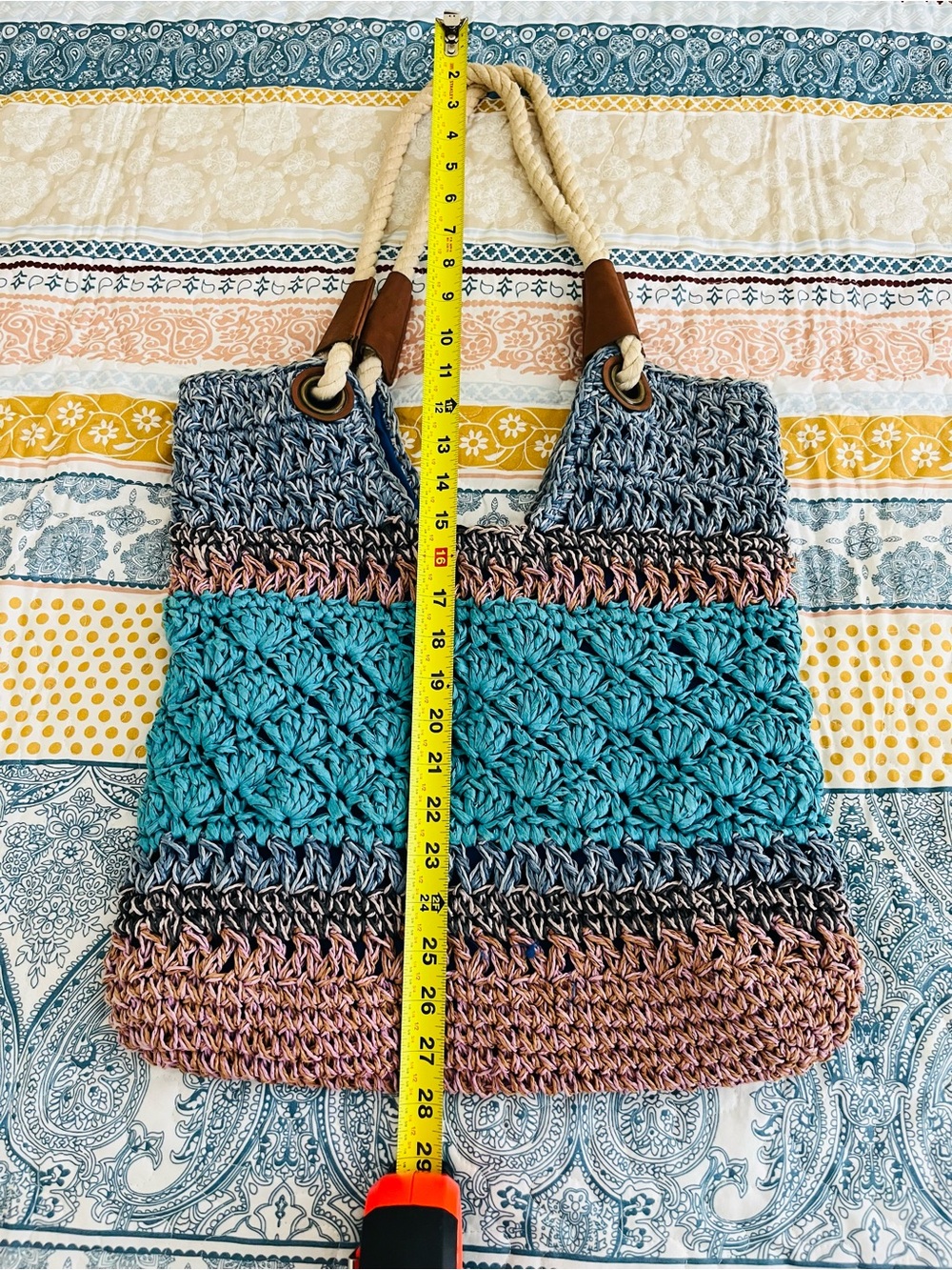 Handwoven Multicolor Crochet Shoulder Bag in Teal, Gray, and Brown